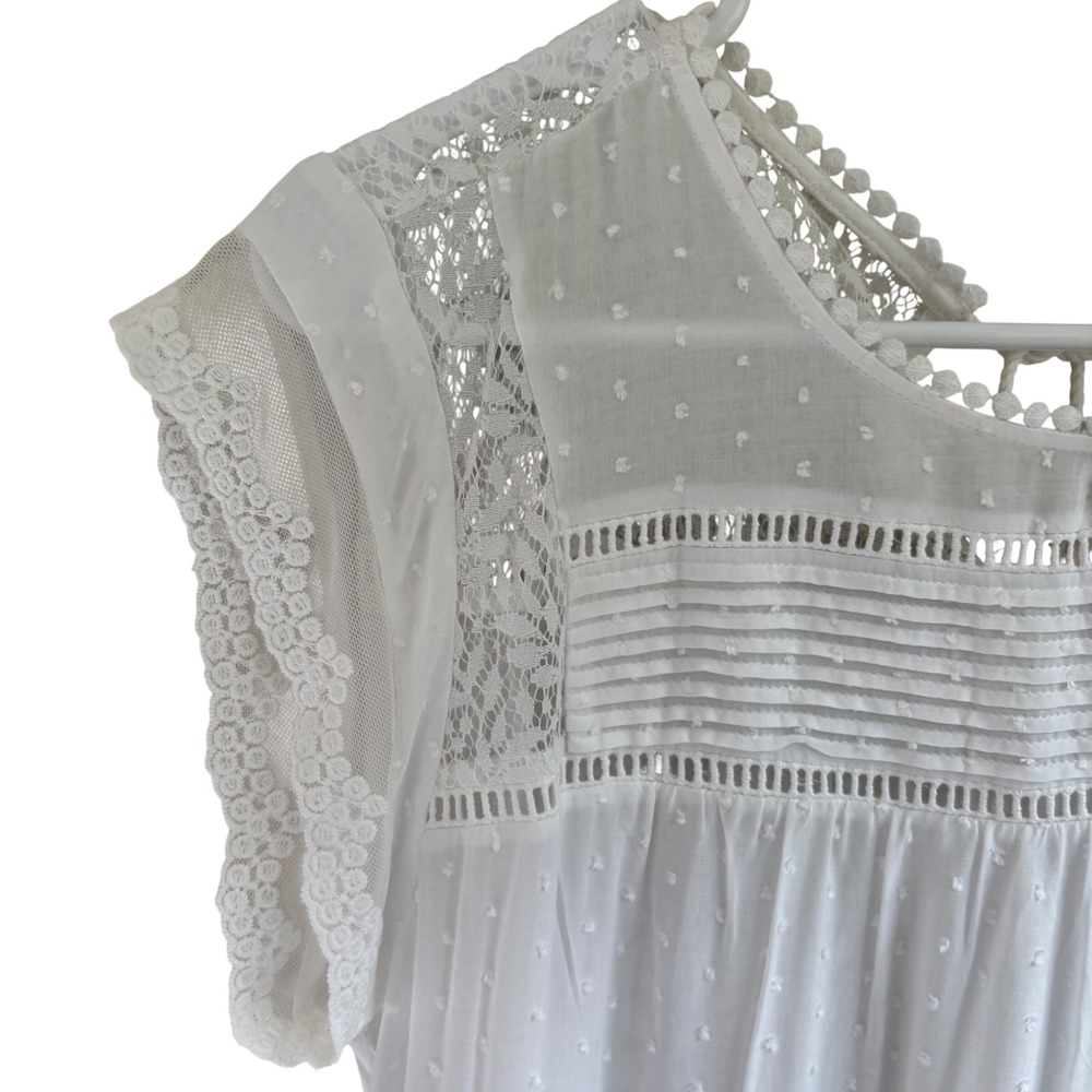 Pale Sky White Blue Boho Lace Embroidered Swiss Dot Blouse Top Womens Medium - Picture 4 of 8